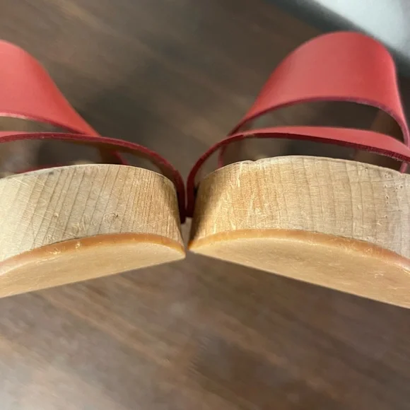 Madewell Lipstick Red Double Strap Leather Wood Clara Clog Heeled Sandal - Picture 12 of 14